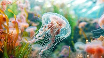 A jellyfish is floating in the ocean. The jellyfish is surrounded by a variety of colorful oceanic algae, creating a vivid and lively scene. Wildlife. Medusa photo