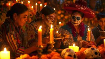 Mexican family celebrates Day of the Dead with traditional makeup. Family members honor departed loved ones. Concept of Mexican culture, heritage, tradition, and family bonds photo