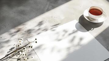Textured table with tea cup and blank white paper for text. Minimalist setup with drink and space for writing. Mockup. Banner, copy space. Concept of work, idea generation, modern design. photo