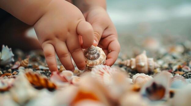 Kid playing with shells on a beach. Child enjoying the seaside with seashells. Concept of childhood, beach fun, nature exploration, innocence photo