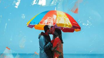 Caucasian couple kissing under a multicolored umbrella on the ocean beach. White pair sharing a kiss beneath a vibrant parasol. Concept of love, romance, intimacy, colorful protection. Digital art photo