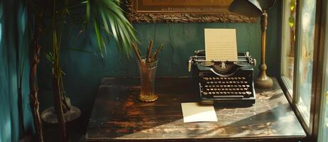Vintage typewriter with blank paper. Retro writing machine ready for typing. Blank paper sheet for text. Mockup. Concept of storytelling, old-school communication. Copy space photo