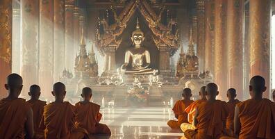 Orange-robed Buddhist monks practicing meditation in a temple. Silent contemplation in front of a Buddha effigy. Concept of Buddhist rituals, serene worship, spiritual gatherings, and meditation photo