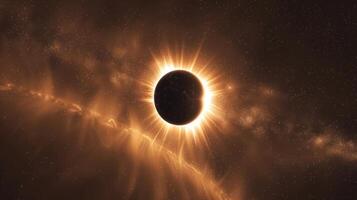 Eclipse with radiant halo in a star-filled sky. Solar eclipse with a glowing corona. Concept of cosmic events, astronomy, solar phenomena, and celestial observation photo
