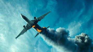 Airplane with engine on fire during flight. Aircraft experiencing inflight engine fire. Burning plane. Concept of aerospace safety, emergency procedures, disaster response photo