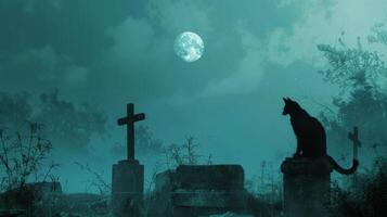 Black cat in a graveyard under the full moon at night. Concept of spooky, mystery, Halloween, eerie ambiance photo