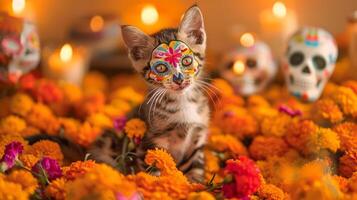 Bengal kitten with Day of the Dead face paint among marigold flowers. Small cat with Dia de los Muertos makeup in floral setting. Concept of cultural celebration, festive cats, colorful traditions photo