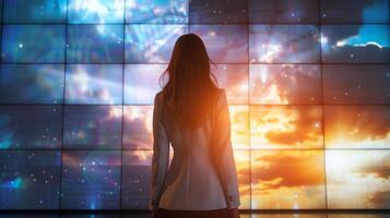 Woman gazing at a vibrant, colored glass wall. Businesswoman contemplating in an office lobby. Concept of contemplation, reflection, modern architecture, and corporate setting. photo