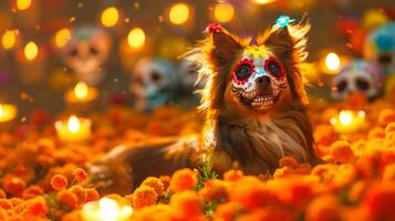 Dog with colorful sugar skull face paint. Canine with festive Day of the Dead mask. Concept of celebration, Halloween, cultural tradition, pet costume, Dia de los Muertos makeup, celebration photo