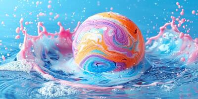 Bath bomb creating a colorful spectacle in water, with splashes and swirls. A mesmerizing display of spa essentials in action. Concept of bath luxury, relaxation, and dynamic water effects. photo