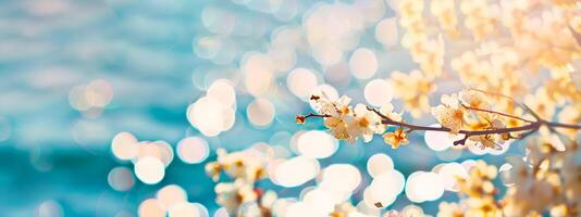 Blossoming white flowers against a bokeh ocean background. Delicate blooms with soft sunlight and sparkling sea reflections. Concept of spring, freshness, and serene nature. Banner. Copy space photo