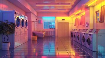 Futuristic laundromat with neon lights and sleek washing machines. High-tech laundry facility. Concept of technology, efficiency, modern public amenities. photo