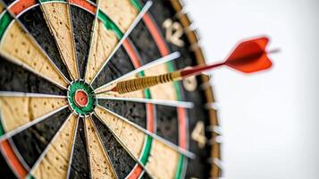 Close-up of a dart hitting the bullseye on a dartboard. Concept of accuracy, precision, target hitting, successful aiming photo