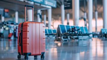 Bright orange suitcase in modern airport terminal. Travel luggage, journey preparation, vacation, transportation concept photo