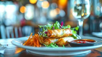 Crispy Thai spring rolls served on plate with side of sweet chili sauce and fresh salad. Perfectly fried appetizer. Concept of Asian cuisine, starters, flavorful snacks, Thai meals, dining experience photo