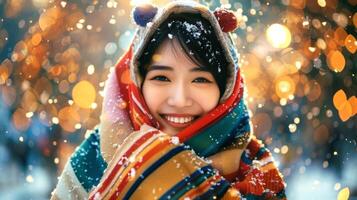 asiático mujer en vistoso encapuchado chal durante invierno nevada. concepto de nieve, invierno moda, fiesta alegría, estacional alegría foto