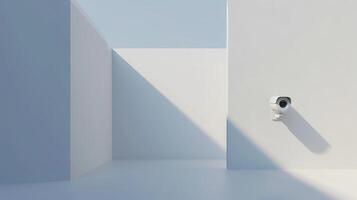 Security camera mounted on a modern white wall with geometric shadows. Surveillance technology. Concept of security, urban design, privacy protection, modern architecture photo