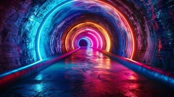 Neon-lit tunnel with colorful lights. Futuristic underground passageway. Concept of modern design, innovative architecture, vibrant atmosphere, urban art photo