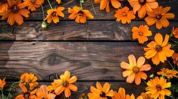 Bright orange flowers scattered on a rustic wooden surface. Copy space. Concept of floral arrangement, nature beauty, botanical design. Day of the Dead, Dia de los Muertos celebration. Greeting card photo