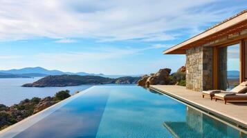 Infinity pool overlooking ocean with mountain views. Luxury resort. Perfect for travel, luxury, vacations, and relaxation. Copy space photo