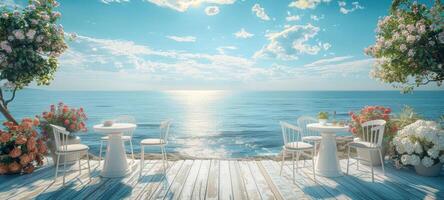 Seaside dining area with blooming flowers and a view of the ocean. Concept of leisure, relaxation, ocean view, and outdoor dining photo