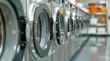 Public laundromat with sleek washing machines. High-tech laundry facility. Concept of technology, efficiency, public amenities. photo