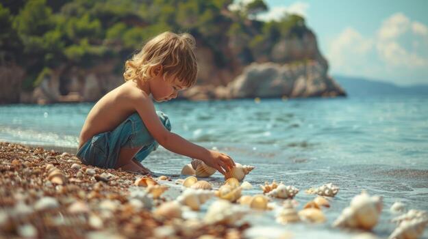 Little Caucasian boy playing with shells on a beach. Small child enjoying the seaside with seashells. Concept of childhood, beach fun, nature exploration, innocence photo