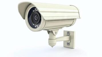 White CCTV surveillance camera mounted on the wall. Security equipment. Concept of monitoring, safety, surveillance, protection. Isolated on white background photo