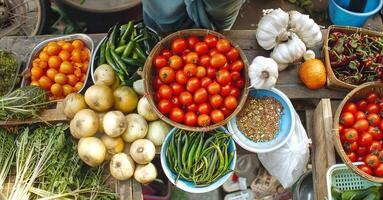 Fresh vegetables on display at a market stall. Assortment of organic produce at a local market. Concept of healthy eating, local produce, and farmers market photo