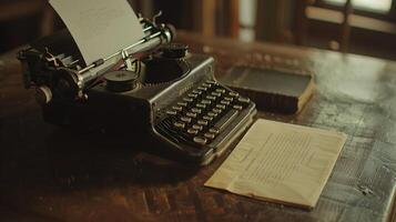 Vintage typewriter with blank paper. Retro writing machine ready for typing. Blank paper sheet for text. Mockup. Concept of storytelling, old-school communication, writing process photo