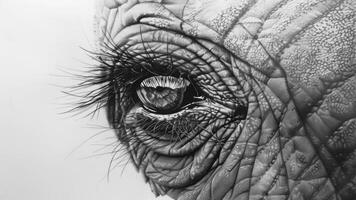 Detailed close-up of an elephant's eye in monochrome. Exquisite black and white illustration of an elephant's eye. Concept of animal intimacy, wildlife art, and detailed portraiture photo