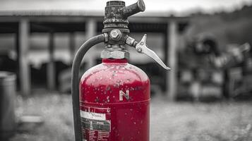 Weathered Fire Extinguisher with Hose in Outdoor Setting. Safety Equipment. Concept of Emergency, Preparedness, Vigilance photo