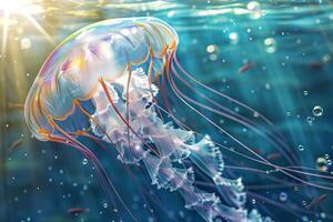 Sunlit underwater scene with glowing jellyfish. Radiant marine life. Concept of ocean exploration, luminous sea creatures, and aquatic light play. Medusa photo