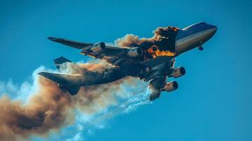 Airplane with engine on fire during flight. Aircraft experiencing inflight engine fire. Burning plane. Concept of aerospace safety, emergency procedures, disaster response photo