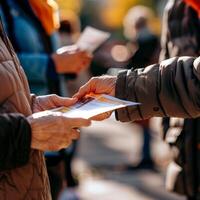 Person handing an advertising flyer to another in a busy urban setting. Exchange of promotional material on a street. Concept of direct marketing, street promotion, and urban interaction. photo