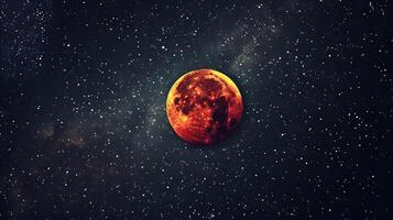 Total lunar eclipse showing the moon in deep red color, framed against star-filled sky, emphasizing vivid color contrast and celestial wonder. Concept of eclipse, space phenomena, astronomy event photo