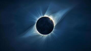 Solar eclipse over dark sky with glowing corona. Moon blocks the sun casting a dramatic silhouette. Concept of astronomy, celestial event, natural phenomenon, cosmic wonder photo
