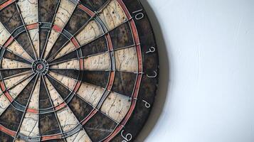 Close-up of an old dartboard on a white wall. Concept of darts game, sports target, precision challenge, recreational activity. Banner. Copy space photo