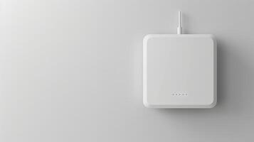 Minimalistic white Wi-Fi router against a plain white wall. Concept of modern technology, wireless internet, connectivity, sleek design. Copy space photo