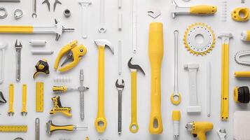 Various hand tools against a light background. Wrenches, pliers, and hammers. Concept of tools, repair, construction, DIY photo