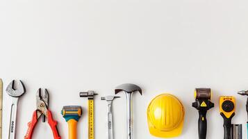 Various construction tools and hard hat arranged on a white background. Concept of construction, tool selection, safety, DIY project essentials. Copy space photo