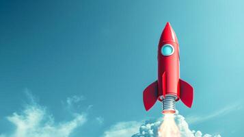 Red Rocket Launching into Sky with Clouds in Background. Symbol of Innovation, Exploration, and Adventure photo