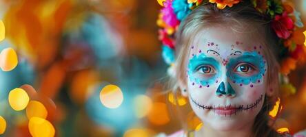Girl with festive sugar skull face paint on bokeh background. Child with artistic Dia de los Muertos makeup. Concept of Mexican culture, Halloween celebration, and vibrant tradition. Space for text photo