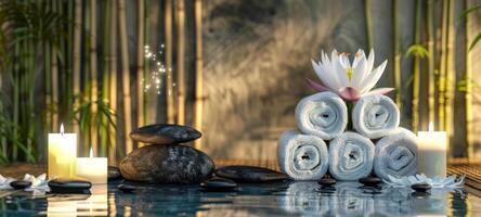 Elegant spa setting with lit candles, flowers, towels, smooth stones. Calming wellness retreat for relaxation. Concept of luxury Thai spa, self-care, indulgence. Wide Banner. Copy space photo