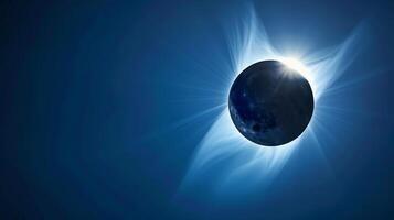 Solar eclipse over dark sky with glowing corona. Moon blocks the sun casting a dramatic silhouette. Concept of astronomy, celestial event, natural phenomenon, cosmic wonder photo