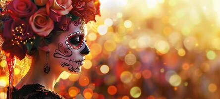 Mexican woman with Day of the Dead skull makeup. Lady with Dia de los Muertos face paint. Concept of Mexican culture, holiday celebration, traditional festival, Halloween. Space for text photo