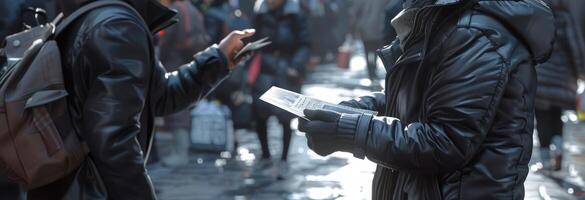 Person handing an advertising flyer to another in a busy urban setting. Exchange of promotional material on a city street. Concept of direct marketing, street promotion, and urban interaction. photo