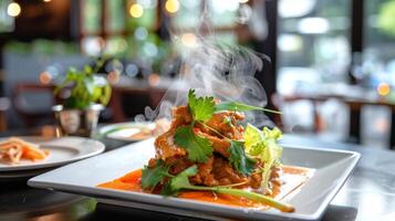 Thai red curry with duck served in a bowl, garnished with basil and bell peppers. Spicy national Thai dish. Concept of Asian cuisine, culinary, traditional recipes photo