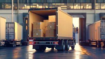 Loaded delivery truck at a warehouse dock with cardboard boxes. Back of a truck full of packages ready for shipment. Logistics, transportation, cargo, delivery concept photo