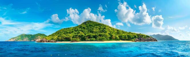 Panoramic aerial view of tropical island with lush green vegetation and turquoise waters. Perfect for travel, nature, tourism, and landscape concepts. Wide banner. Copy space photo